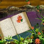 open book in flowers with purple background