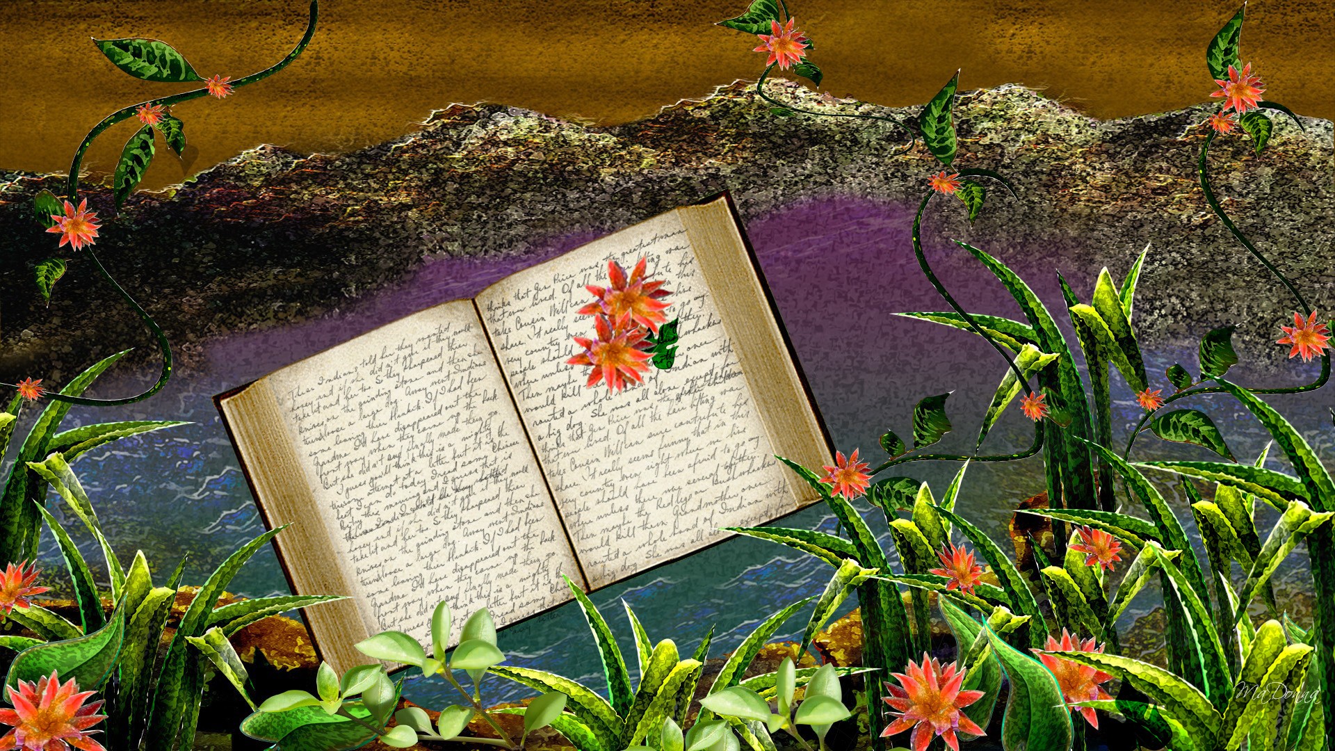open book in flowers with purple background