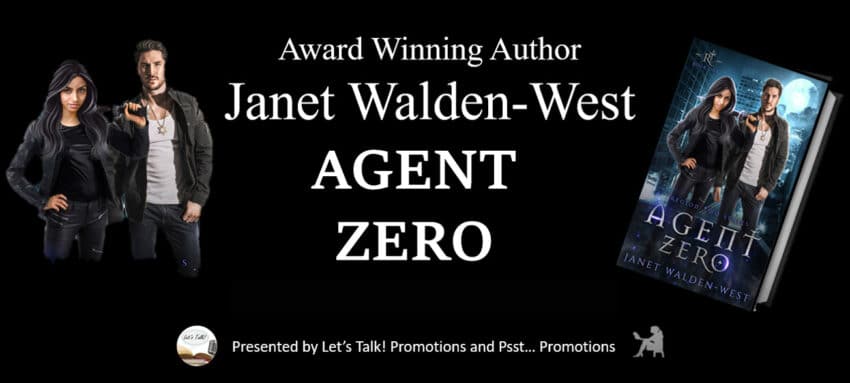 banner for Agent Zero by Janet Walden-West with two people and cover of book
