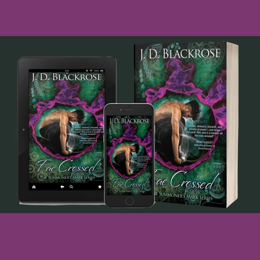 Cover of Fae Crossed in book, tablet, and phone versions. Green background with purple flame circle and a man kneeling in the center, in profile.