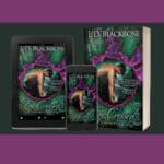 Cover of Fae Crossed in book, tablet, and phone versions. Green background with purple flame circle and a man kneeling in the center, in profile.
