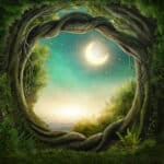 green forest with trees showing the moon in the sky
