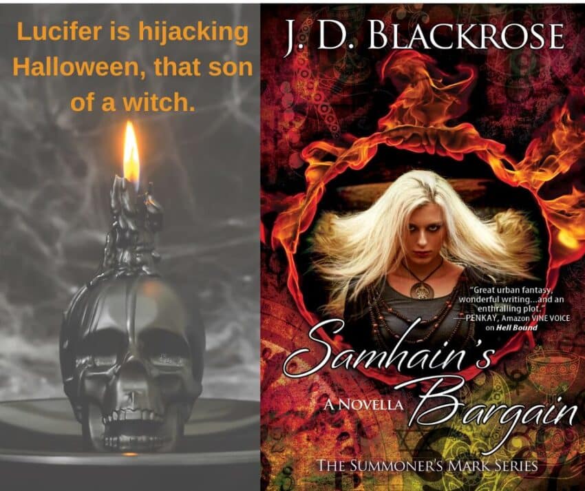 book cover with a blond woman and a fire ring next to a skull with a lit candle