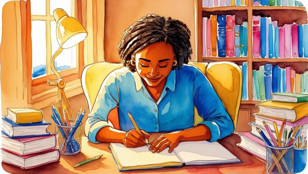 A woman writing at a desk.