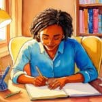 A woman writing at a desk.