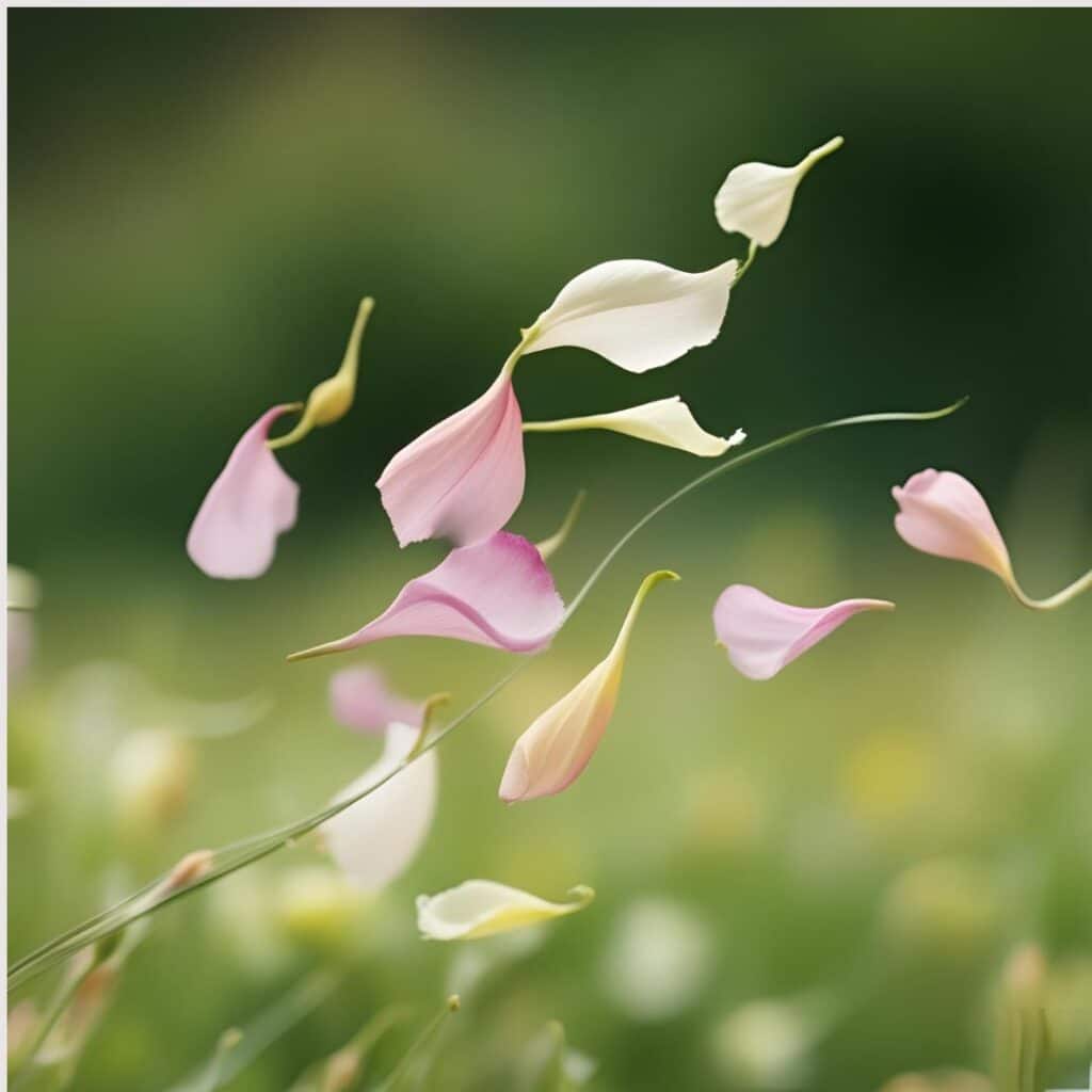 Pink petals blowing in the wind on a background of green grass