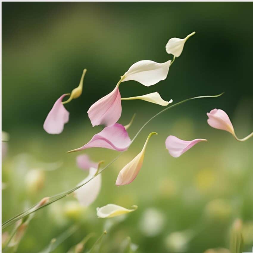 Pink petals blowing in the wind on a background of green grass